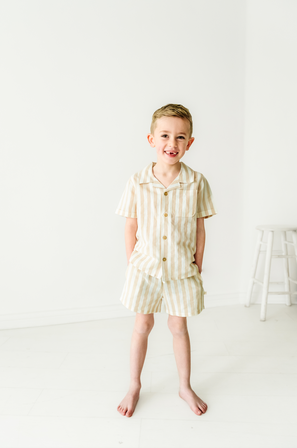 Organic Beige Striped Shirt and Shorts Set