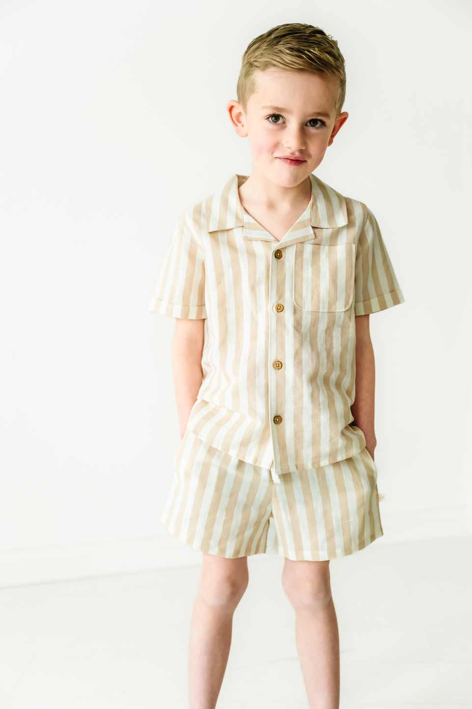 Organic Beige Striped Shirt and Shorts Set