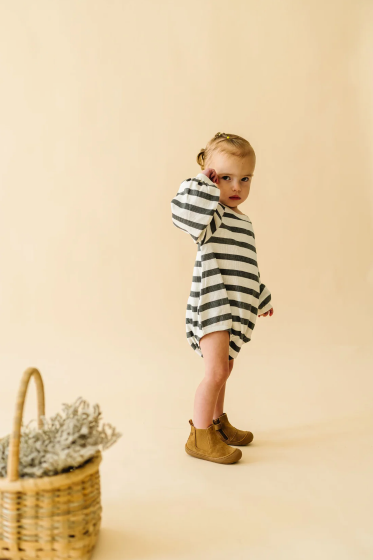 Organic Bubble Romper, Slate Stripes