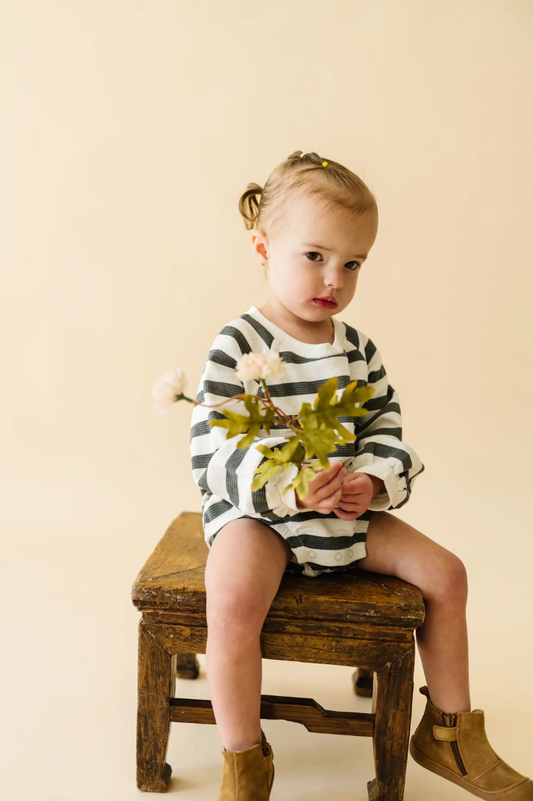 Organic Bubble Romper, Slate Stripes