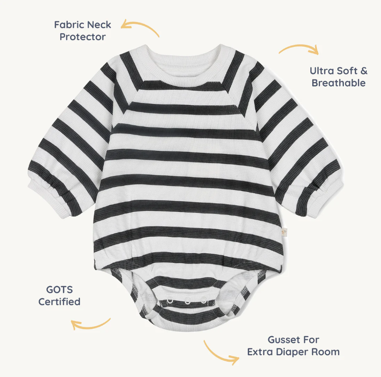 Organic Bubble Romper, Slate Stripes