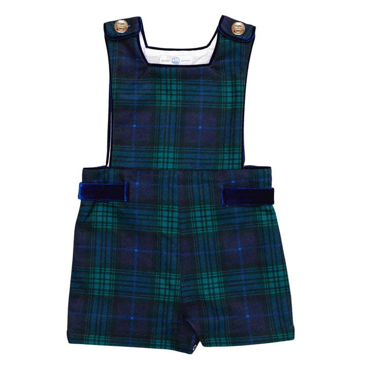 Green and blue plaid romper front view