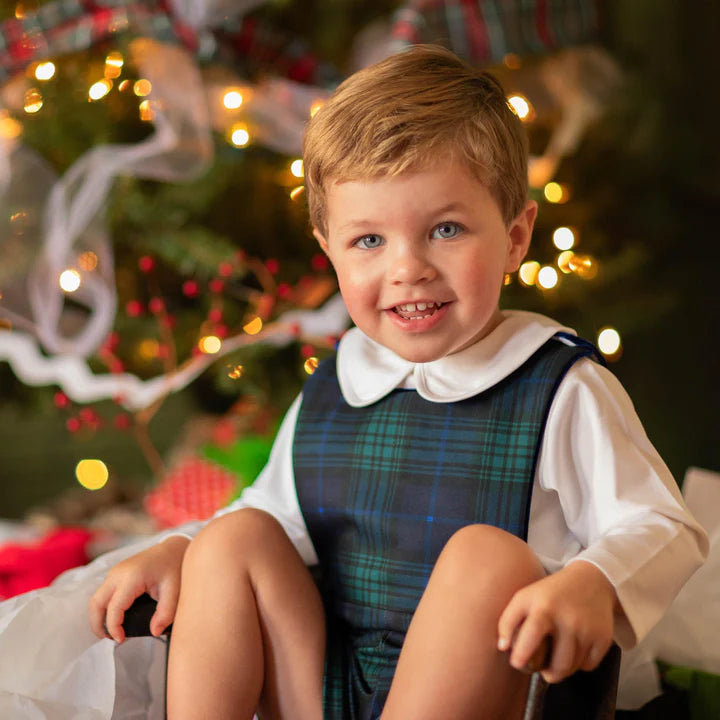 Green and blue plaid romper front view on toddler boy